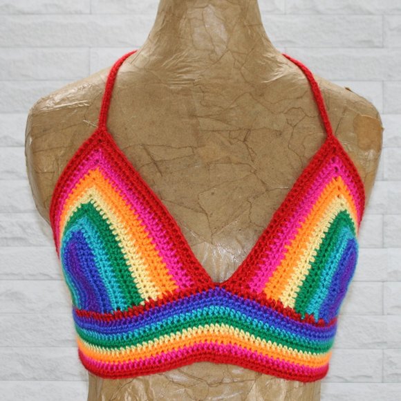 Hand Crafted Tops - HAND CRAFTED Crochet Pride Rainbow Cropped Top Halter LGBTQ+ Festival Fashion